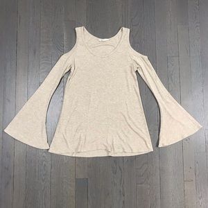 Elan Bell Sleeve Cold Shoulder Ribbed Waffled Top